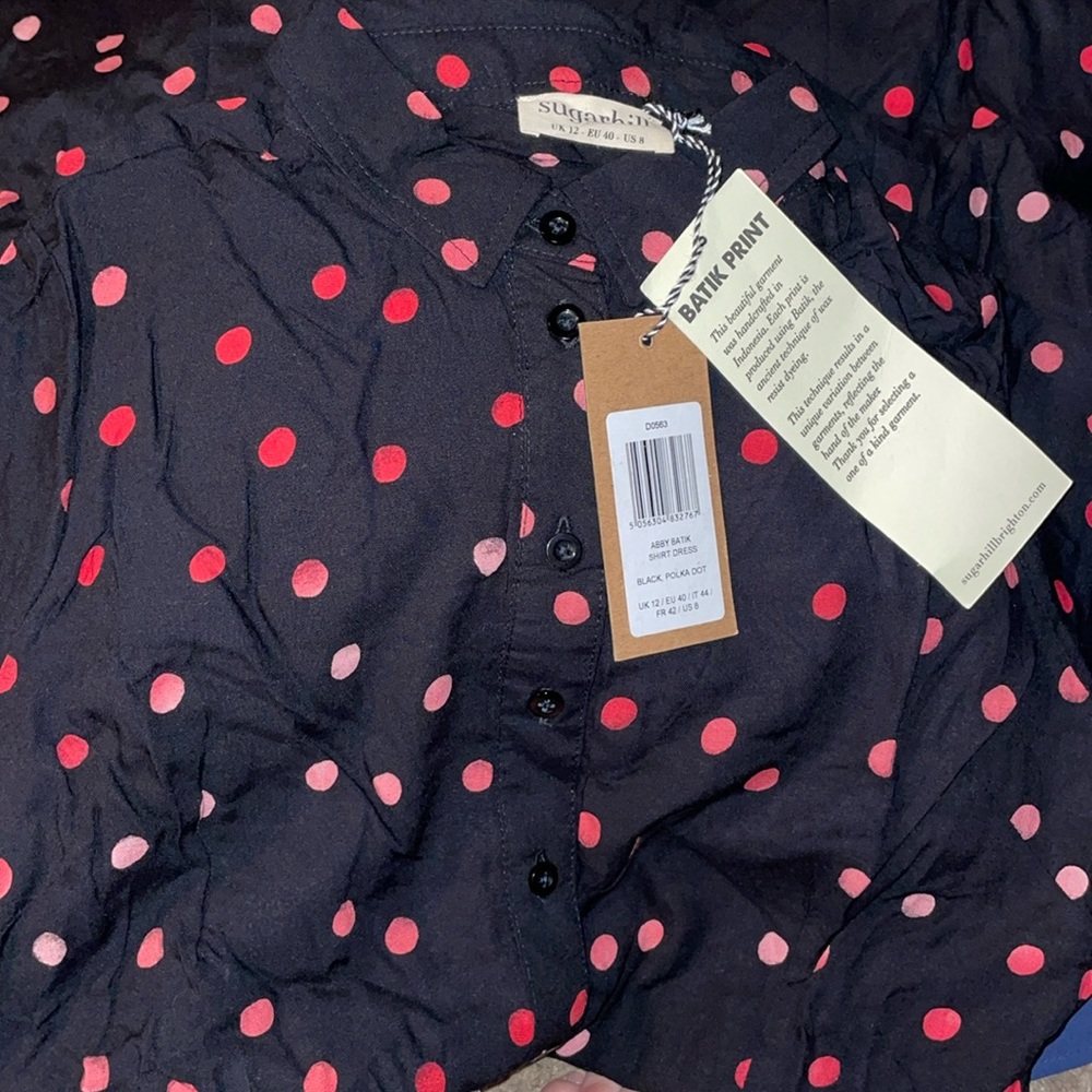 Modcloth Black Midi Shirt Dress with Pink Polka Dots - Picture 4 of 9
